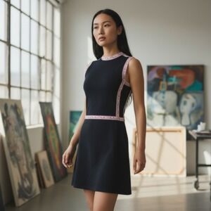 NWT Maison Kitsuné Dress Womens Small Black Sleeveless Logo Trim Paris Fit Flare